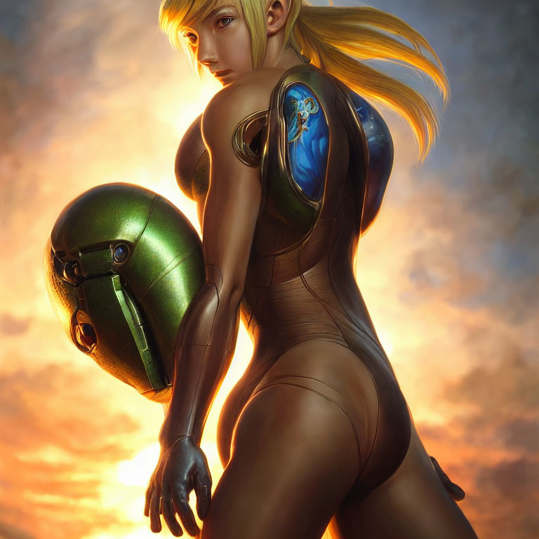 Futuristic digital artwork of blonde female character holding green helmet