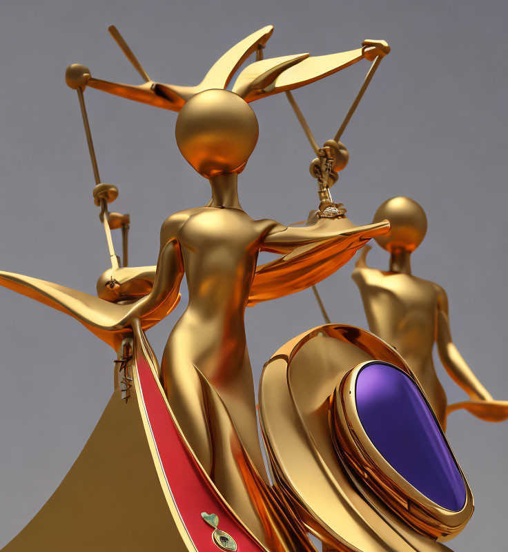 Golden Lady Justice sculpture with scales and blindfold on muted background