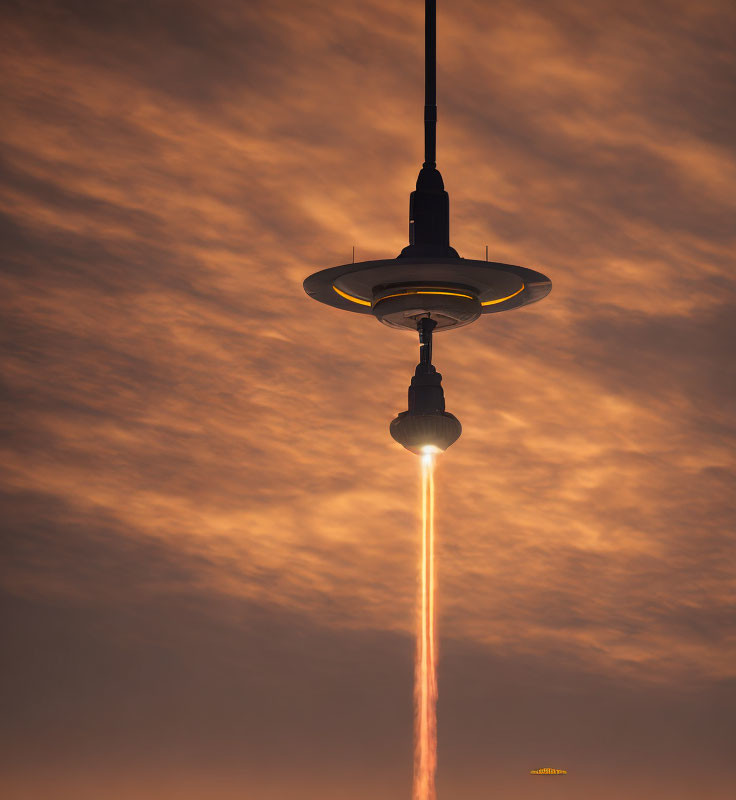 Street lamp silhouetted against dramatic orange sky with sun below, creating illusion of emitting light beam