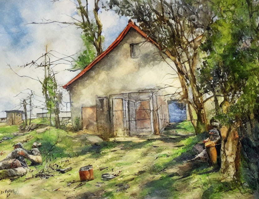 Rustic house, trees, dirt path, and person in watercolor art