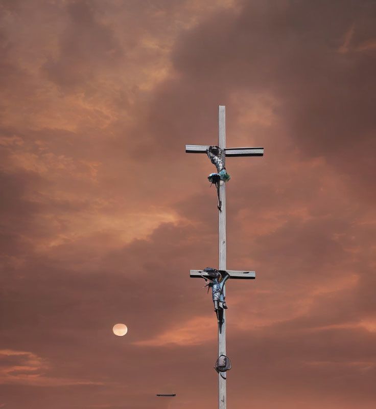 Cross and figures under orange sky with moon and bird.