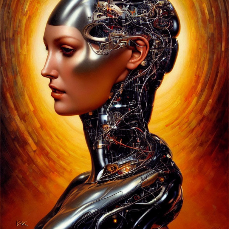 Detailed Hyper-Realistic Portrait of Female Robot with Gold Face