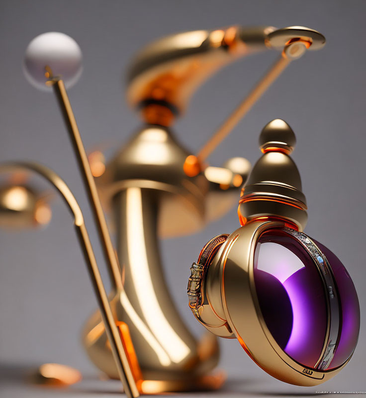 Futuristic gold machine with purple lens and spinning spheres