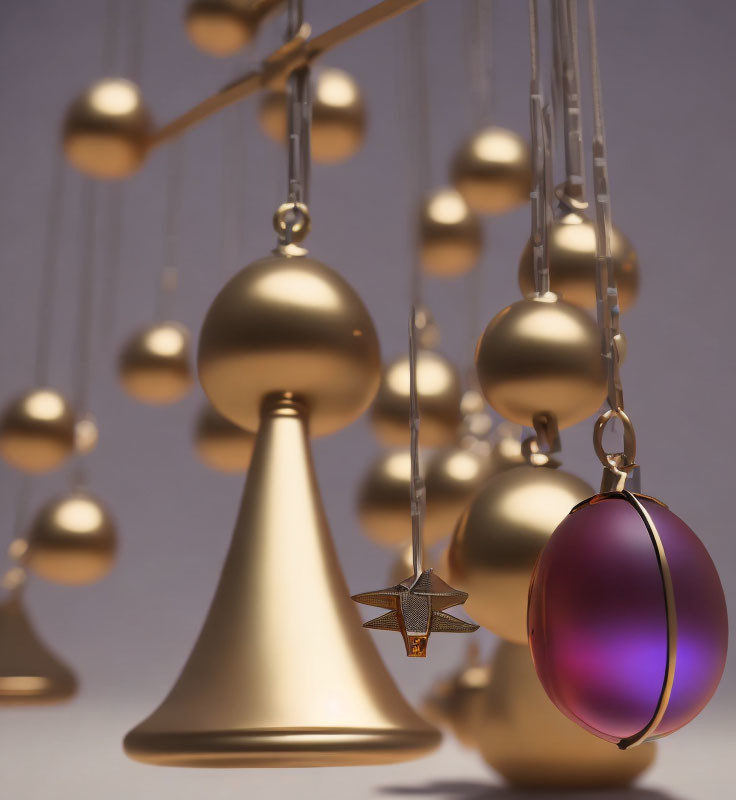 Golden ornaments and baubles in varying heights, one with purple hue and star design