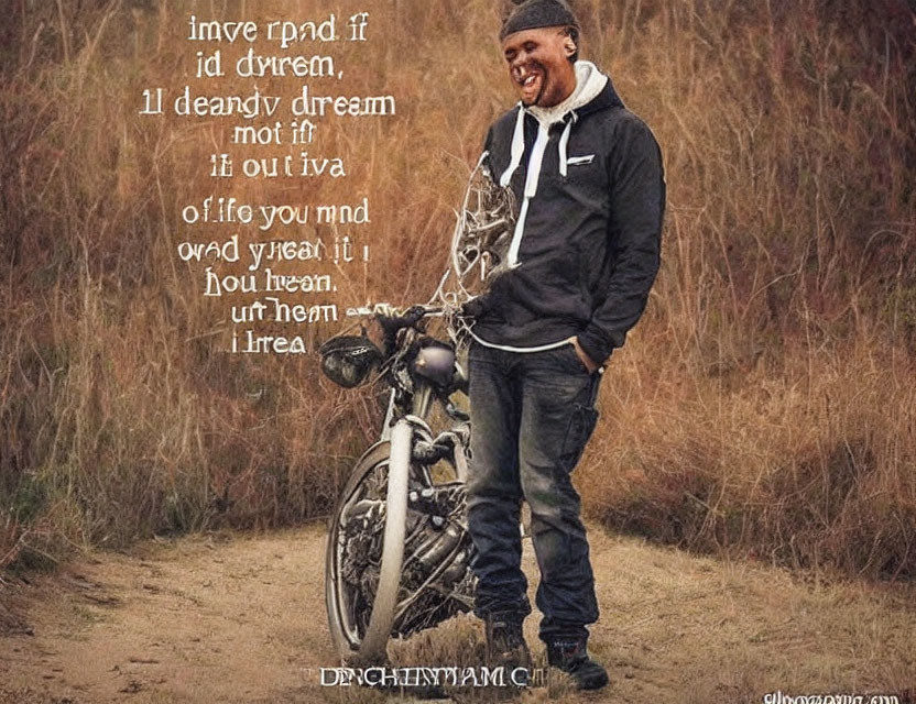 Person smiling next to motorcycle on grassy field with overlay text