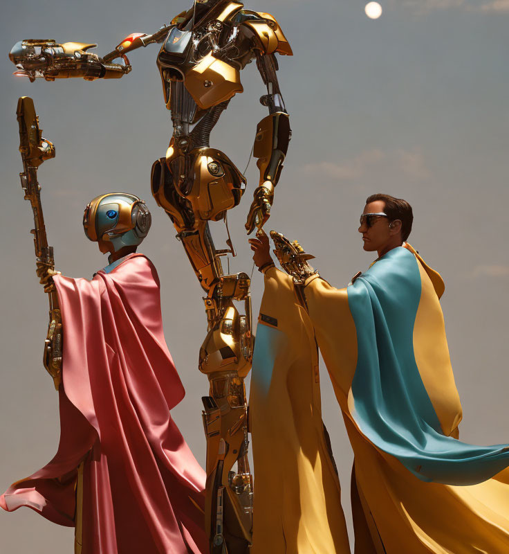 Humanoid robots and person in capes under hazy sky with sun