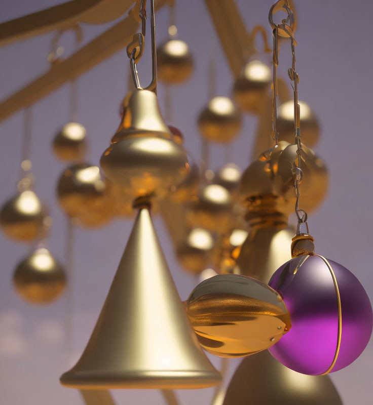 Golden bells and purple bauble on soft golden background with blurred carousel.