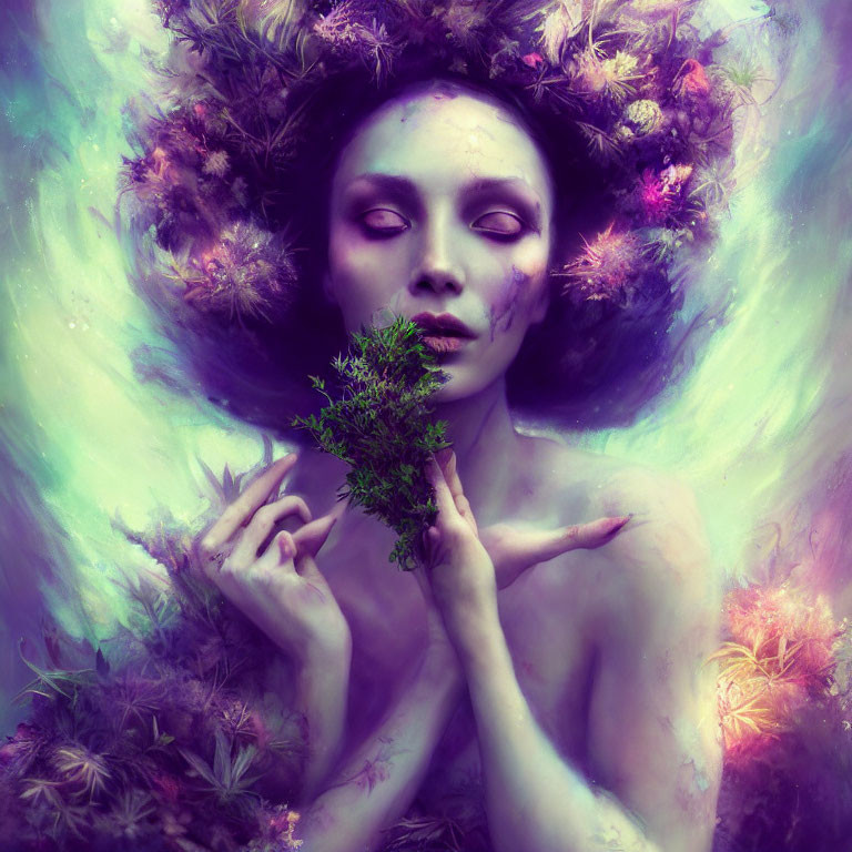 Ethereal figure with flower halo and tree in soft purple light