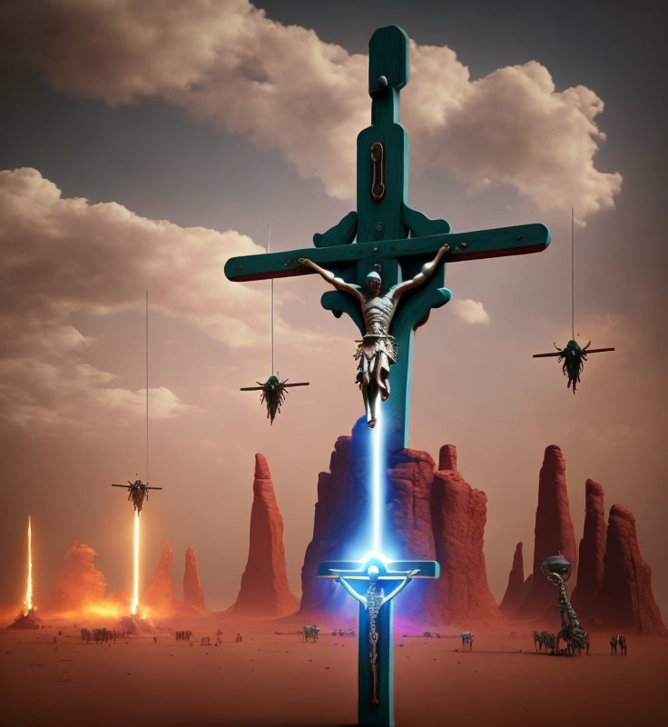 Dystopian desert crucifixion with futuristic aircraft