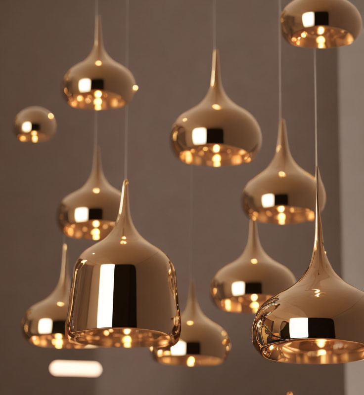 Reflective Gold Finish Pendant Lights on Varied Heights Against Gray Background