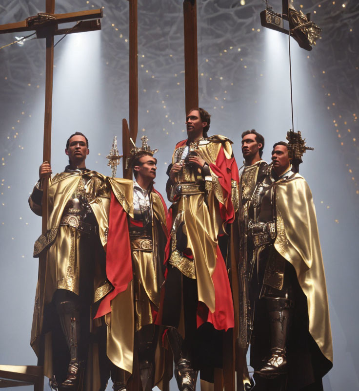 Six individuals in medieval armor and capes with swords and poles in a solemnly lit hall