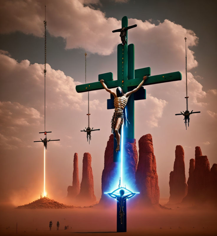 Surreal desert landscape with crosses, figures, and dramatic sky