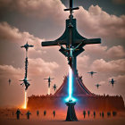 Surreal desert scene: three crosses, robed figures, beams of light