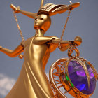 Golden Lady Justice Statue with Sword and Scales on Plain Background