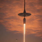 Rocket launching against orange sky with textured clouds