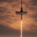 Rocket launch at sunset with crucifix silhouette: dramatic and symbolic composition