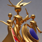 Golden Lady Justice sculpture with scales and blindfold on muted background