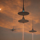 Three UFO-shaped pendant lights against warm sky backdrop with sunbeam.