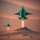 Teal spacecrafts emitting beams over desert with alien figures and robot