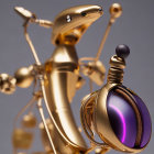 Close-up of abstract golden sculpture with purple-tinted lens and mechanical elements on gray background