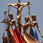 Golden Jesus statue on cross with four figures in flowing robes under clear blue sky