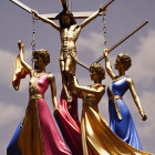 Colorful Gowned Women Statues with Scale and Suspended Male Figure