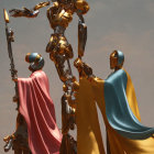 Humanoid robots and person in capes under hazy sky with sun