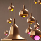 Golden Pendant Lights with Pink Orbs on Neutral Background