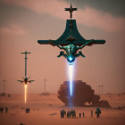 Futuristic aircrafts hover over rocky desert landscape