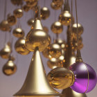 Golden Cone-Shaped and Spherical Ornaments with Purple Accents on Violet Background