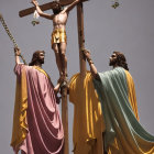 Historical Costumes Interacting with Cross Statue in Clear Sky