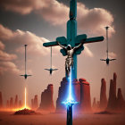 Surreal desert landscape with crucified figures and beams of light