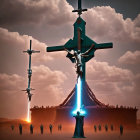 Three Large Crosses and Figures in Dusty Sunset Sky