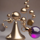 Golden balance scale with violet sphere and golden band on blurred background.