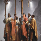 Five Individuals in Medieval Costumes with Long Staffs in Dramatic Lighting