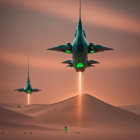 Futuristic spaceships hover over desert at sunset with green lights, people walking.