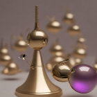 Golden pedestal with sphere and floating metallic orbs in purple hues