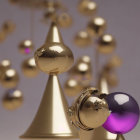 Metallic cones and reflective spheres in purple lighting: Abstract composition