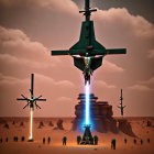 Futuristic aircraft hover over desert landscape emitting light beams