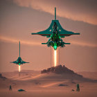 Futuristic aircraft with neon accents flying over a desert landscape at dusk