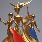 Three golden stylized figures in futuristic attire against a simple background