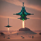 Surreal landscape: ornate sculptures floating over hazy desert at dusk