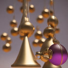 Modern mobile with golden and purple hanging spheres in warm light on muted background