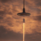 Silhouetted rocket with crucifix and trailing light in dusk sky