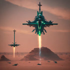 Futuristic dragon-like drones around illuminated desert structure