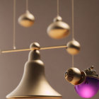 Newton's Cradle with Glowing Purple Orb on Brown Background