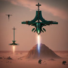 Futuristic drone with ornate wings over desert landscape