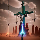 Neon futuristic crucifixion scene with man on cross in desert landscape.