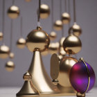 Contemporary art installation with gold geometric shapes and purple ornament