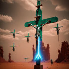 Surreal image of giant green cactus cross with humanoid figure and flying cacti in desert